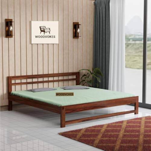 Image of Sheesham Wood Bed Without Storage Solid Wooden Cot Double Bed Furniture Elegant and Functional Bedroom Living Room Home Palang (Honey, Queen)