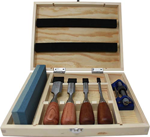 6 Piece Premium Rosewood Woodworking Chisel Set with 4 Chisels, Honing Guide, Sharpening