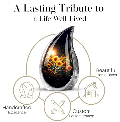 Image of Teardrop Sunflower Urns for Human Ashes Adult Female - Burial Urns for Ashes for Women - Yellow Sunflower Urn for Human Adult Male and Female - Large Decorative Urn for Mom and Dad 10inch