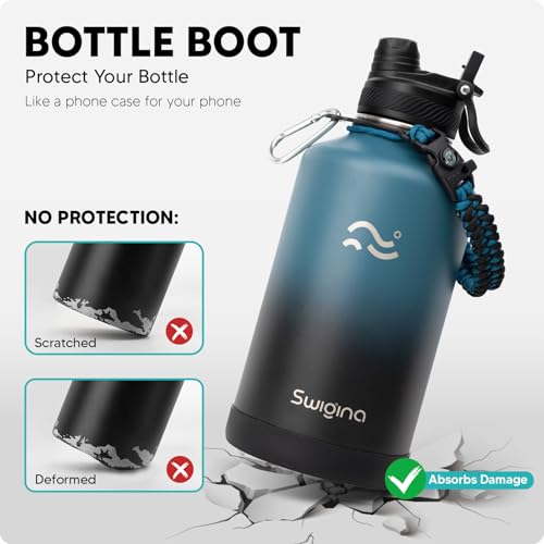 Image of Swigina 64 oz Insulated Water Bottle with Silicone Boot (48hrs Cold /24hrs Hot) - DIY Stickers, Leakproof, BPA Free, Half Gallon [2-IN-1 LID]