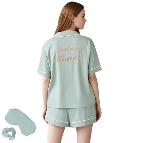 Image of MI X TEE 4Pcs Bride Pajama Summer Silk Pajamas for Team Bride Short Sleeve Shorts PJS Matching Pajamas with Bridesmaid