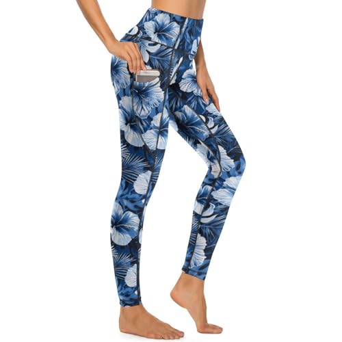 Legging hawaïen bleu marine floral pour femme : pantalon de yoga taille haute