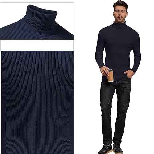 Jersey Hombre Cuello Alto Suéter Jersey de Punto Pullover Camiseta Tops Invierno Otoño Básico Manga Larga Suter Cálido Suéter Comfort Azul Marino XXL