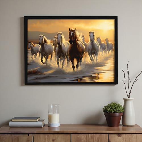 Image of 9 Running Horses Vastu Framed Wall Art Painting | Strength & Forward Energy Nine Horse Painting With Frame for Living Room, Home & Office, 10x12 Inch