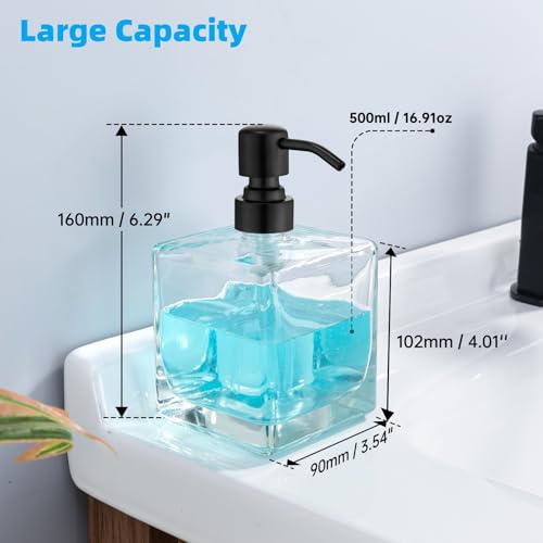Image of Square Bathroom Soap Dispenser Black, 16 oz Glass Bottles with Stainless Steel Pump Retangle Cube Liquid Large Capacity Soap Dispenser Kitchen