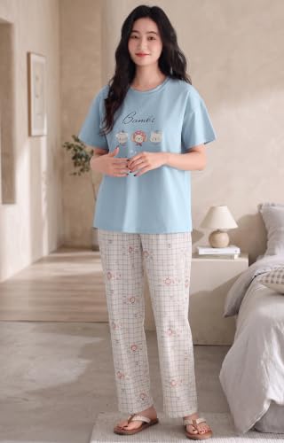 Image of GLASGO Women's Cotton Pajama Set with Top & Pants|| Korean Night Suit|| Lightweight Printed Set || Soft & Comfy Sleepwear for Girls & Women || LNS-3-$