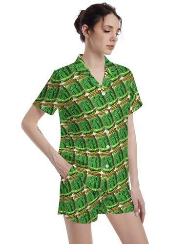 Image of Funny Pajamas for Women Set Print Satin Loungewear Pjs Short Sleeve Button Down Top and Shorts Sets Sleepwear XS-3XL