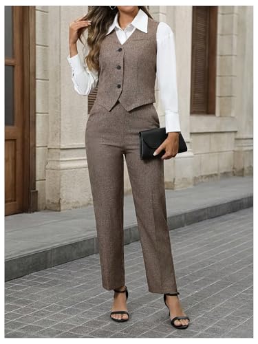 SOLY HUX Women's 2 Piece Outfits V Neck Button Down Sleeveless Blazer Vest and Pants Work Office Set4