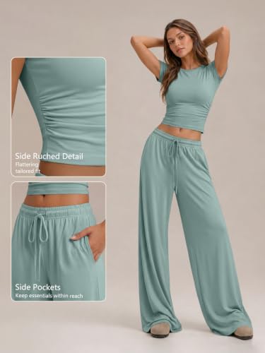 Image of Trendy Queen 2 Piece Matching Summer Lounge Set Womens Side Ruching Top Wide Leg Pants Sets with Pockets