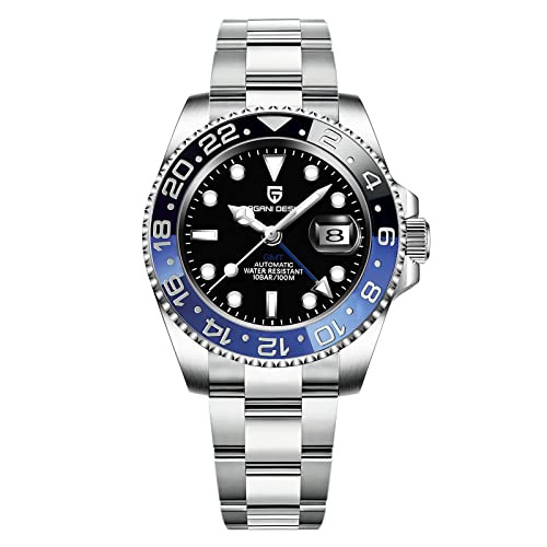 Pagani Design Men GMT Automatic Watches-Fashion Stainless Steel Mechanical Watch-Sapphire Glass Lens Watch Men (Black Blue)