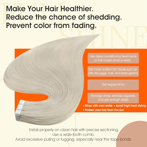 Image of Full Shine White Blonde Tape in Hair Extensions Tape in Extensions Human Hair 10Inch Seamless Invisible Remy Skin Weft Double Sided Adhesive Extension for Women Silky Straight 30G 20Pcs