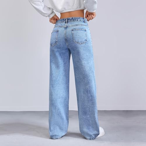 Mid Rise Jeans for Women Straight Leg Mom Jeans Loose Long Elastic Waist Trouser Jean High Waisted Denim Pants4