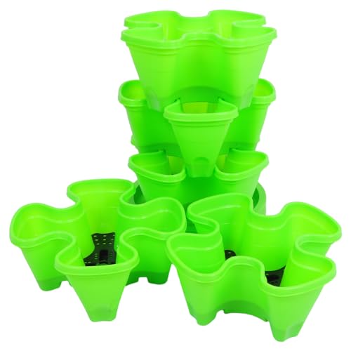 VICASKY Fioriera Impilabile a Torre per Fragole da Esterno Ruote Set di 6 Vasi in Plastica Verde per Giardinaggio Verticale Vaso da Fiori e Erbe Aromatiche Salvaspazio per Balcone e