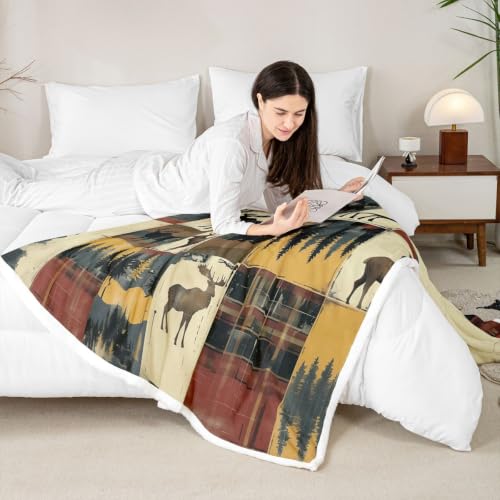 Feelyou Couverture polaire Cerf Queen 90"x90" forêt, sherpa rouille
