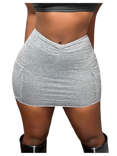 WDIRARA Women's Ruched Waist Bodycon Mini Skirt Stretchy Skirts with Flap Pocket