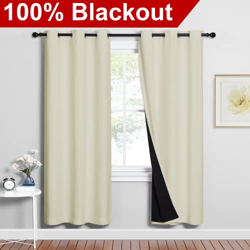 Image of NICETOWN Living Room Completely Shaded Draperies, Privacy Protection & Noise Reducing Ring Top Drapes, Black Lined Insulated Window Treatment Curtain Panels (Beige, 2 Pieces, W42 x L72)