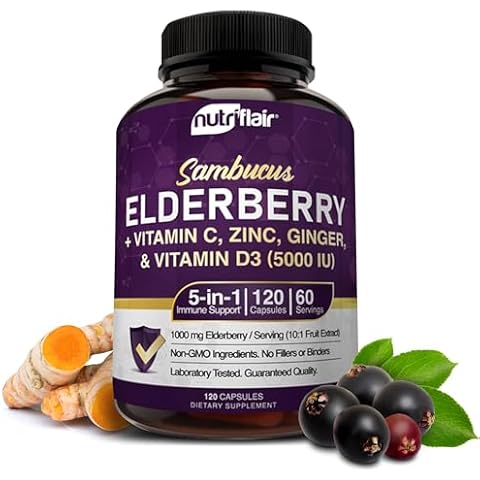 NutriFlair Sambucus Elderberry, 120 Veggie Capsules - 5 in 1 Immune Support and Antioxidant Supplement with Vitamin C, Vitamin D3 5000 IU, Zinc, Ginger, Black Dried Elderberry Pills - 2 Month Supply Cover