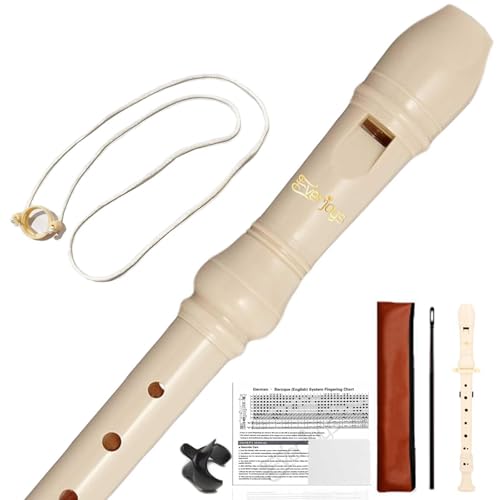 ソプラノ リコーダー ABS樹脂製 ジャーマン式 C調 8穴フルート着脱式3本セット 付そうじ棒、運指表、フィンガーレスト、落下防止ストラップ、皮革收納袋 初心者にやさしいの画像