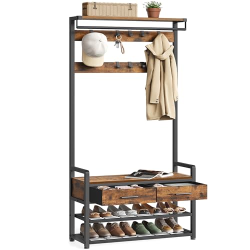 VASAGLE Hall Tree with Bench and Shoe Storage, Entryway Coat Rack with Shoe Bench, 2 Fabric Drawers, 10 Hooks, 11.8 x 31.7 x 71.5 Inches, Vintage Brow
