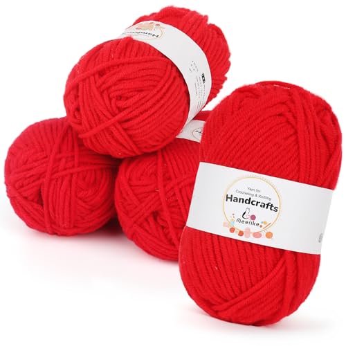 Aeelike 200g(4x50g) Amigurumi Wolle 5Ply Baumwolle zum Häkeln, Häkel- & Strickgarn Zum Stricken, Häkeln und Kunsthandwerk, Häkelgarn Baumwolle Set, Rot