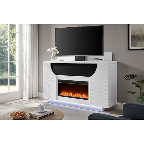 ESPIDOO 76 Inch Electric Fireplace TV Lift: Modern White Cabinet with Remote Control & Temperature Settings - Professional Interior Design Solution for Upscale Residential Spaces - Image 9