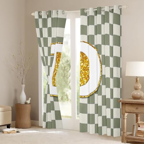 Image of Erosebridal Sage Green Checkered Blackout Curtains for Bedroom Living Room Plaid Initial D Window Curtains 2 Panels 52 inch Wx84 L Personalized Monogram Drapes,Grids Gingham Window Treatments