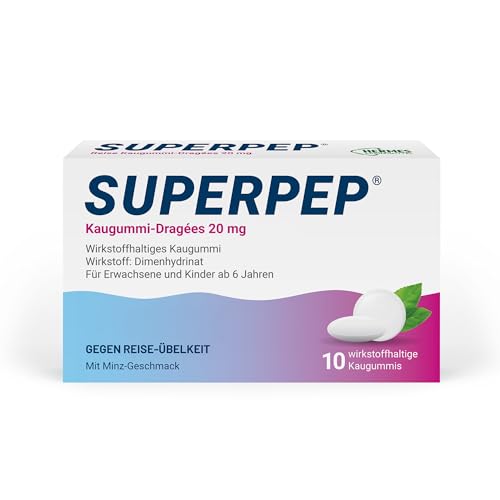 SUPERPEP Kaugummi Dragees bei Übelkeit und Schwindel durch Gaming macht weniger müde schnelle Einnahme ohne Wasser mit Dimenhydrinat 10 Stück