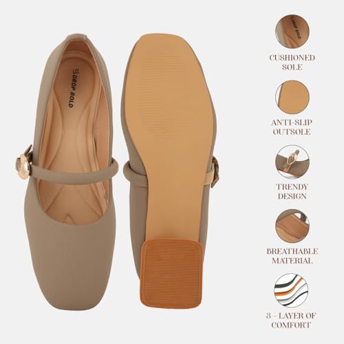 Image of DROP BOLD Khaki Square Toe Mary Jane Block Heel Show For Women & Girls