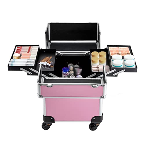 Chldessing Rolling Makeup Train Case,Aluminum Makeup Case With Wheels Barber Case, Professional Makeup Train Case Organizer For Hair Stylist Makeup Nail Tech Salon Swivel Wheels With Key Wagon Case #TOP1