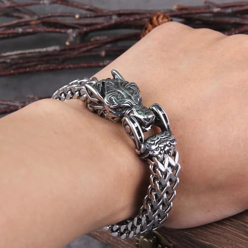 Wolf Bracelet for Men, Norse Wolf Head Bracelet, Vikings Jewelry 316L Stainless Steel Bracelet Men's Mesh Chain, Nordic Jewelry4