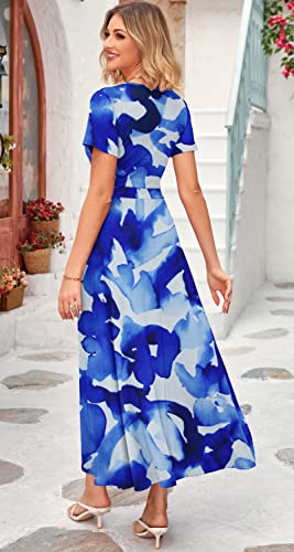 Image of WNEEDU Women's Summer Maxi Dress Short Sleeves Wrap V Neck Long Dresses with Pockets