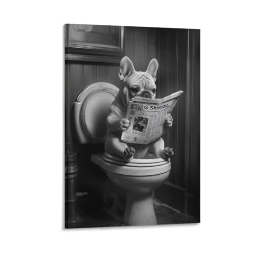 BoVrilyx Divertente stampa artistica da parete in bianco e nero con bulldog francese, stampa su tela, stampa con cane che legge giornale, poster senza cornice, per la casa o la stanza degli ospiti