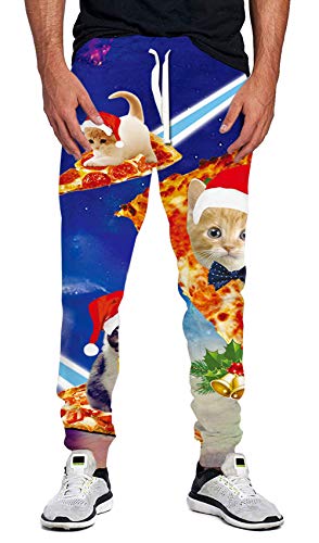 Women Men Xmas Joggers Sweatpant Cool 3D Pizza Cat Graphic Hip Hop Sport Pants with Pockets XXL