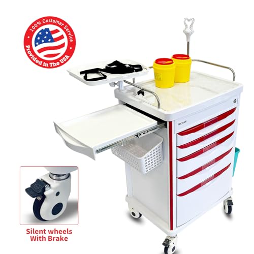 Pochar Medical Crash Cart with Emergency Accessory - Cardiac Board, IV Pole, O2 Holder, Power Strip, Trash Bin, Drawers with Dividers - Mobile Emergency Cart for Hospitals and Clinics - Thumbnail 2