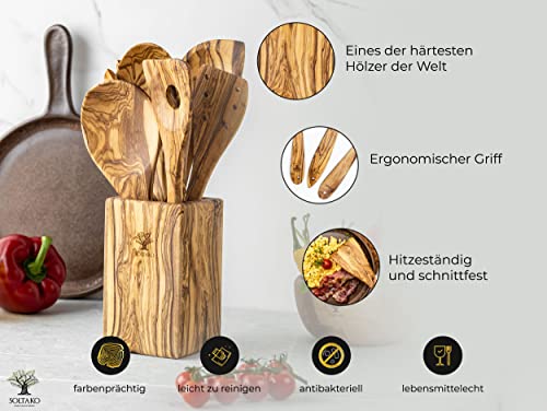SOLTAKO Olivenholz Küchenutensilien 7er Set 'The Ramsay Set', Kochlöffel, Pfannenwender, Salatbesteck aus Oliven Holz
