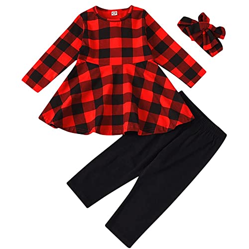 Tenues de Noël pour bébé fille motif écossais rouge et noir + barboteuse + bandeau 3 pièces 12 mois - 5T, écossais rouge, 2-3 ans Cover