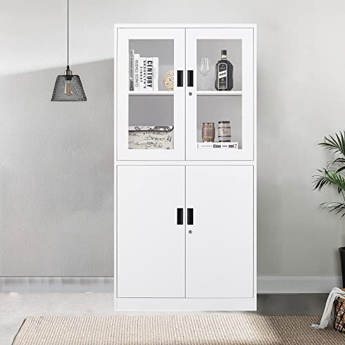 Metal Storage Cabinet With Tempered Glass Doors - 71" Locking Display Cabinet With 2 Adjustable Shelves, 4-Tier Tall Steel Cabinet Locker For Home Office, Living Room, Bedroom, Bathroom (White) #TOP3