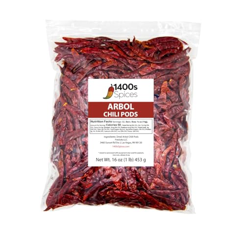 1lb Chile de Arbol Food Service Size S17. Dried Arbol Whole Chilies Peppers, Chili Seco Pods for Authentic Mexican Food by 1400s Spices