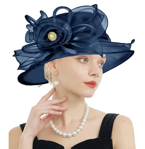 RZTA Womens Kentucky Derby Church Dress Hat Wide Brim Leaf Flower Bridal Shower Hat F13 NavyBlue