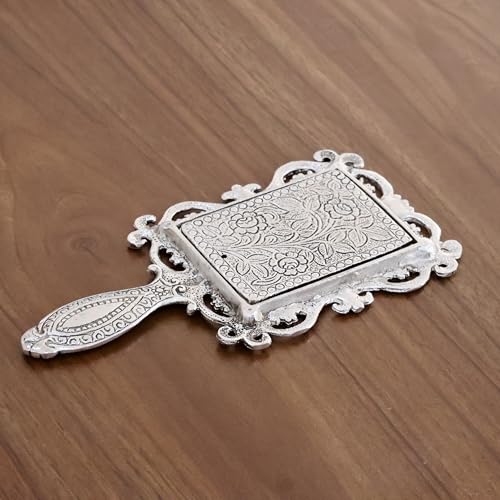 Image of KridayKraft Beautifully Vintage Hand Mirror, Carved Square Shape Gold Plating Metal Hand Mirror for Makeup, Travelling, Ornate Victorian Style & Decorative Antique Item