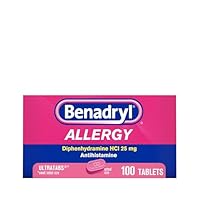 Benadryl Ultratabs Allergy Medicine, 25 mg Diphenhydramine HCl Antihistamine Tablets For Cold & Allergy Relief of Symptoms Like Sneezing, Runny Nose, Itchy Eyes & Throat, Hay Fever, 100 Count Tablets