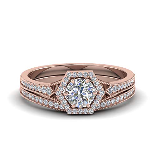 Image of Choose Your Gemstone Vintage Hexagon Halo Bridal Ring Set Rose Gold Plated Round Shape Wedding Ring Sets Matching Jewelry Wedding Jewelry Easy to Wear Gifts US Size 4 to 12