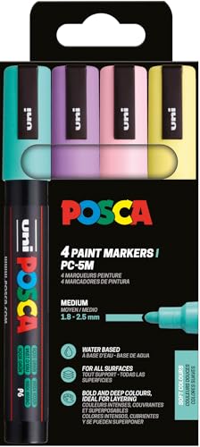 POSCA 182546 - Set de rotuladores POSCA, 4 rotuladores acrílicos pastel PC-5M, rotuladores permanentes de 1,8-2,5 mm con punta redonda