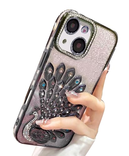 Image of mobistyle Case for iPhone 15,3D Diamond Luxury Electroplate Glitter Peacock Tail Bling Design Camera Protection Shockproof Phone Case for (Black, iPhone 15)