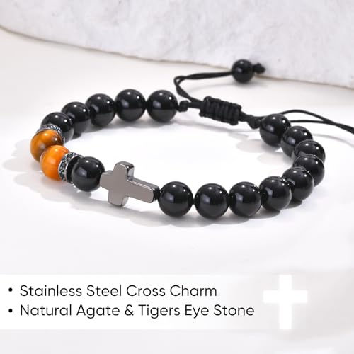 Easter Basket Stuffers Cross Bracelet : Natural Gemstone Beaded Men's Religious Cross Bracelet for Boys Teenage Christian Gifts Confirmation Baptism to Son Grandson Nephew4