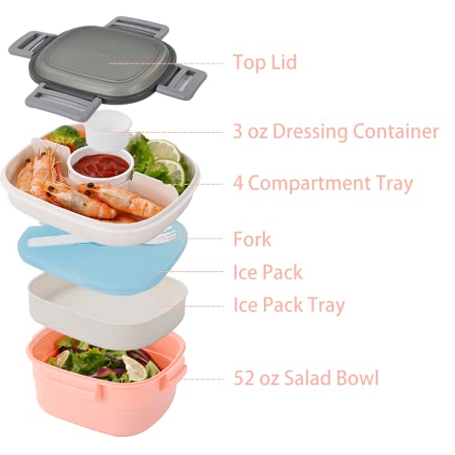 Image of Freshmage Salad Container for Lunch with Ice Pack, Leakproof BPA-Free 52-oz Lunch Container with 4 Compartments, Salad for Men, Women (Pink+Ice Pack)