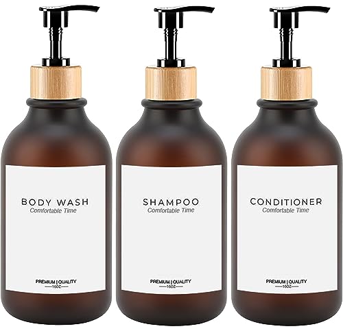 Frosted Heavy Duty Shampoo and Conditioner Bottles, Apothecary Dispenser Bamboo Pump, Refillable Shampoo Bottles for Shampoo Lotion Oil Shower Soap Hand Soap and Dish Soap (Matte Amber)