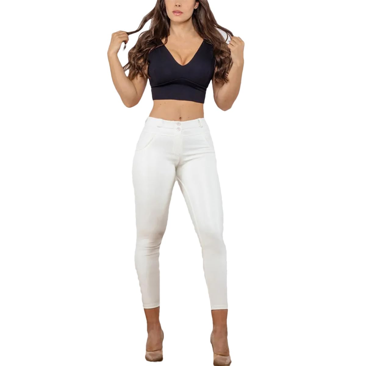Pantalones De Cuero para Mujer, Mallas Push-Up, Pantalones Vaqueros Ajustados, Pantalones Blancos De Cintura Media, Pantalones De Correr Informales De Longitud Completa