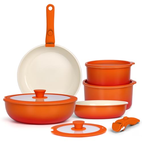 Image of GIPP 11pcs Pots and Pans Set Non Stick, Nonstick Cookware Set Detachable Handle, Ceramic Pots for Cooking Non Stick with Removable Handle, RV Cookware Set for All Stoves, Orange Gradient