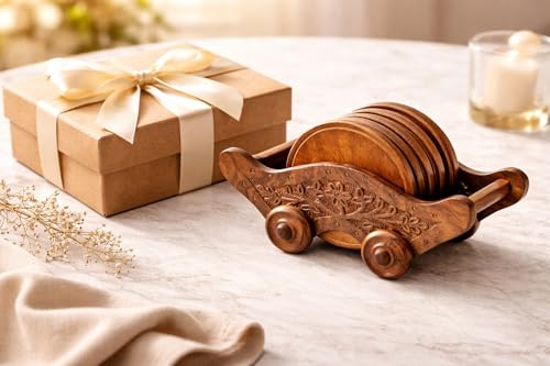 Image of Premium Wooden Coaster Set of 6 for Dining Table, Round Drink Table Coaster, Rustic Boho Indian Home Decor | Housewarming Wedding Gift,